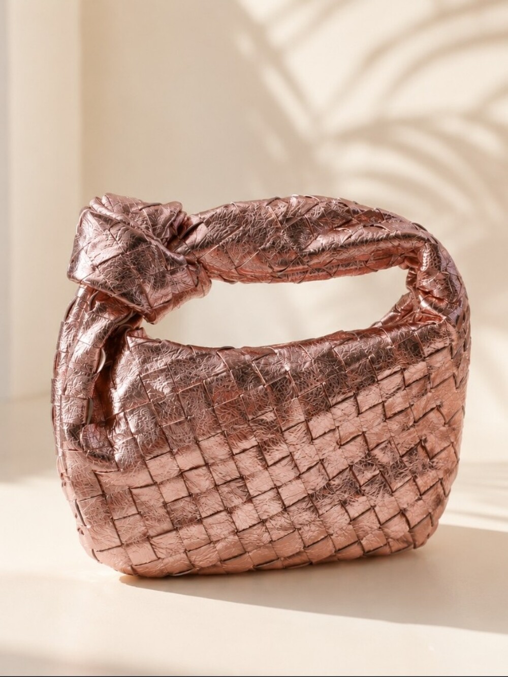 Metallic Rose Gold Woven Knot-Handle Shoulder Bag
